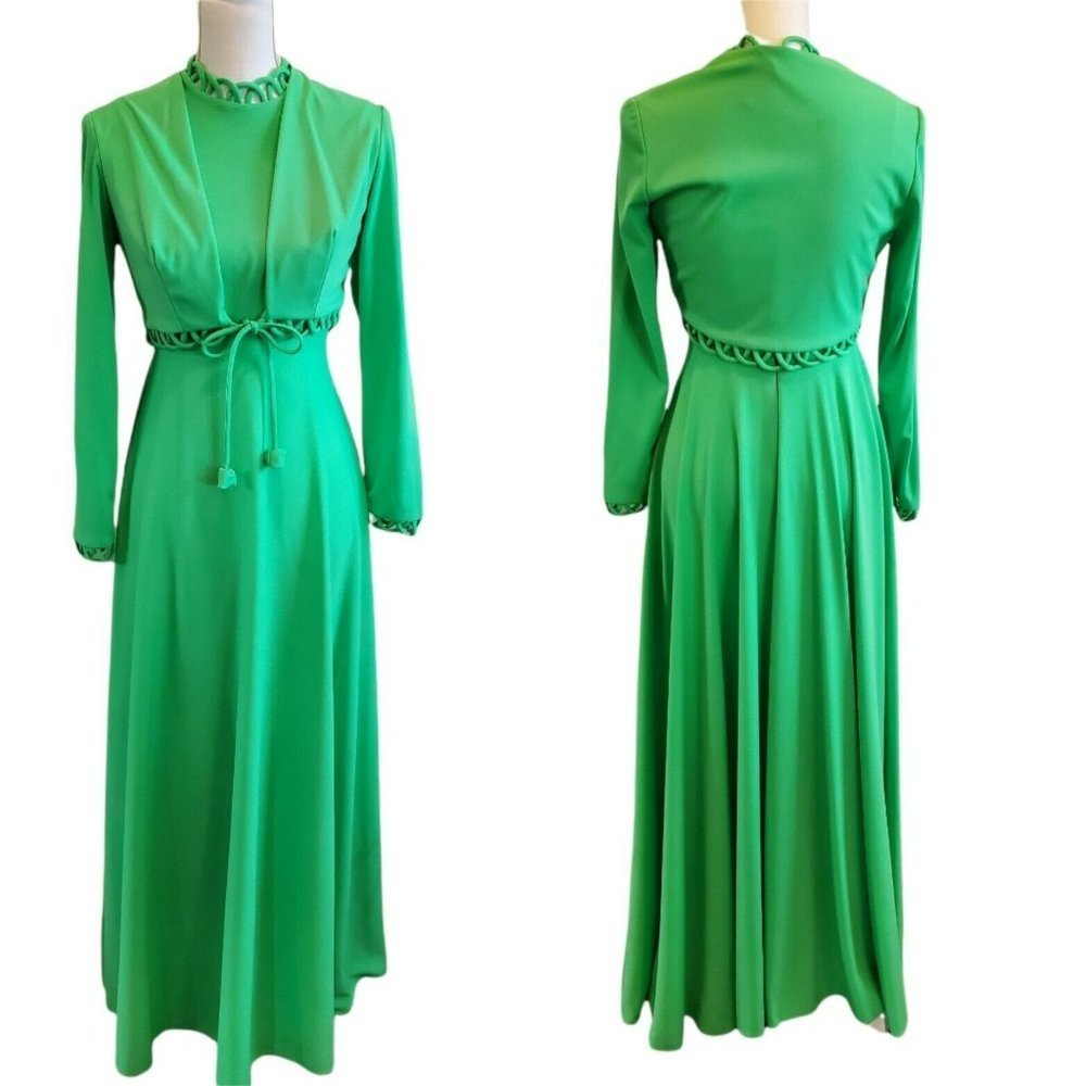 Vintage 70s 2 Piece Dress Set Green‎ Polyester High Neck Floor Length Sz Small